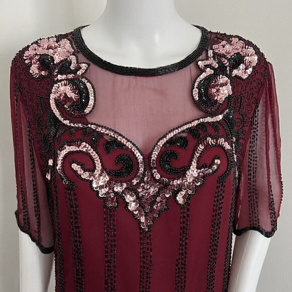 Vintage 90s Jennifer by KVM Party Dress Size M Cranberry Sequin Embroidered Silk - Picture 5 of 16